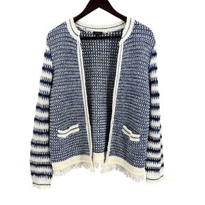 Talbots Open Front Knit Cardigan Blue White Stripe Metallic Fringe Trim Size M
